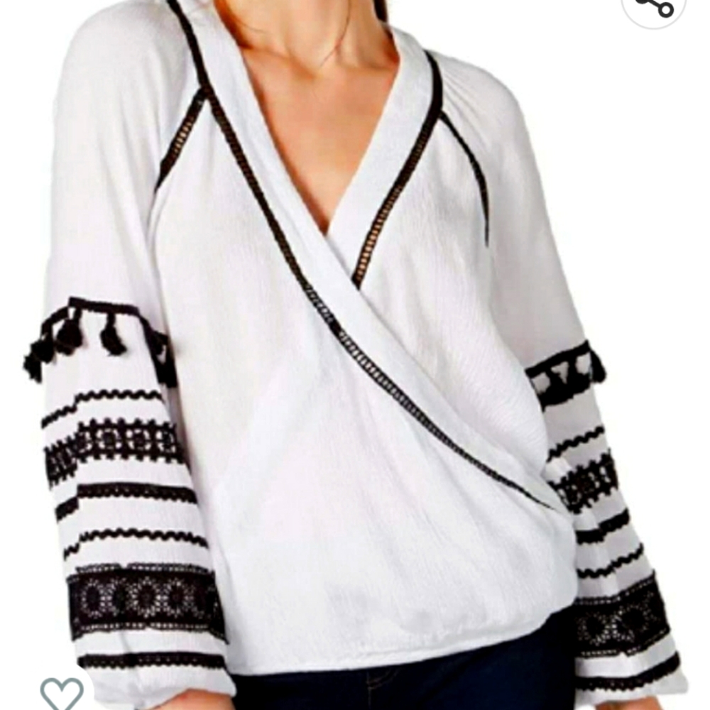 Inc cotton embroidered tossle blouse